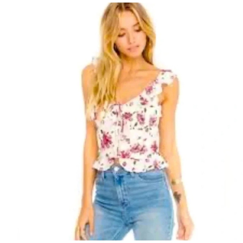 Astr The Label Ivory Floral Print Ruffle Detail Button Up Crop Top Large